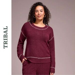 Tribal Wine Knit Sweater Medium NWT Contrast Stitch